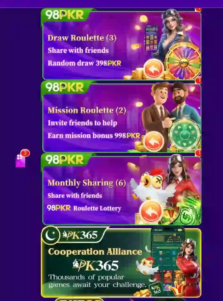 98PKR Game daily bonus rewards