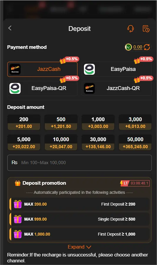 payment and withdraw options