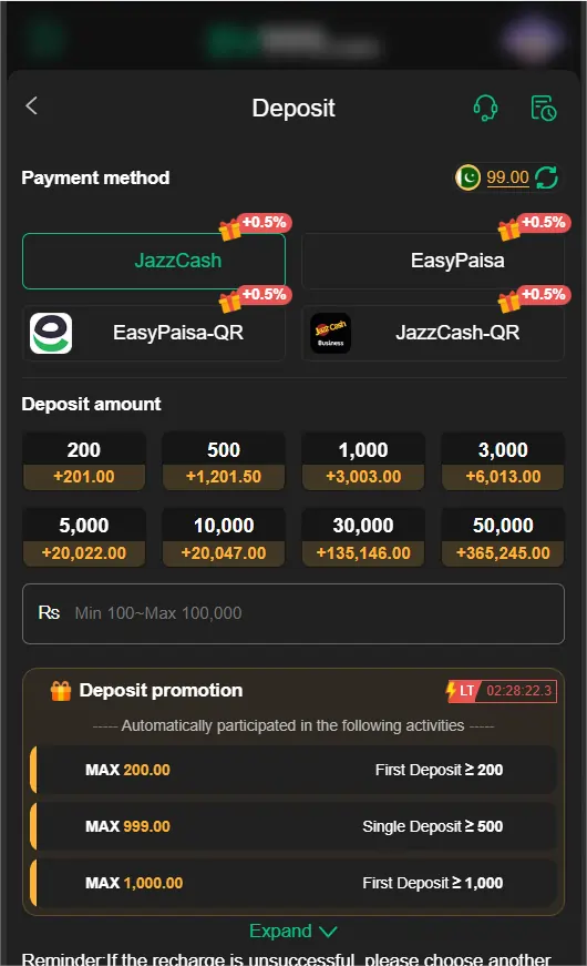 BV999 Game deposit withdraw options
