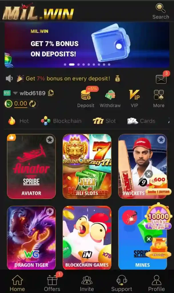 Mil Win game home screen