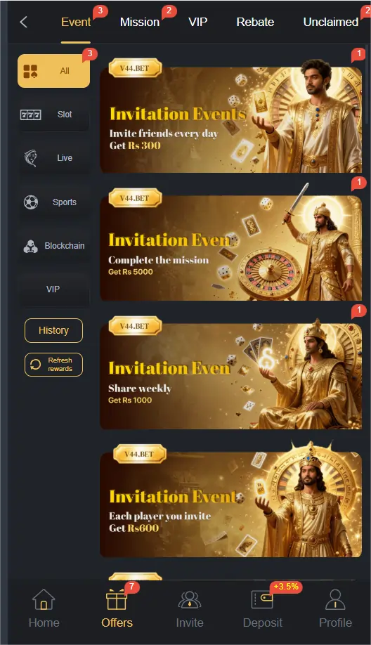 V44 game bonus rewards screen