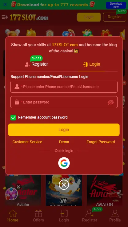 177slots Game Login Screenshot