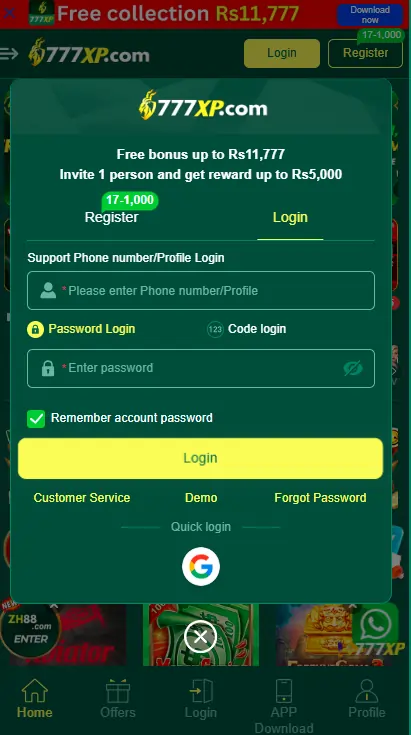 777XP Game Login Image