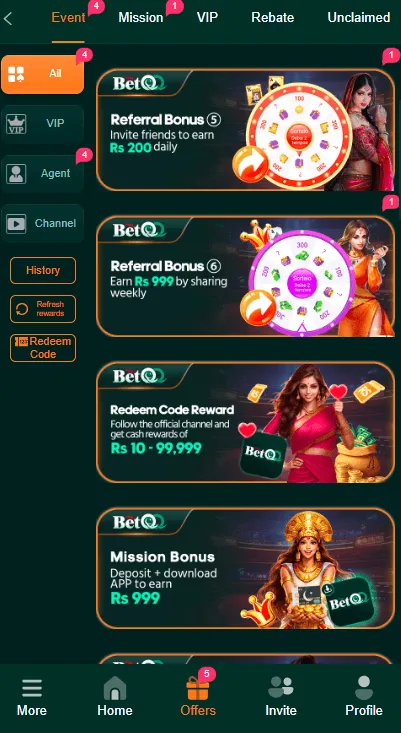 BetQQ Game Bonuses and rewards Screenshot