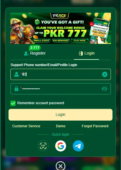 PKAce Game account sign up screen