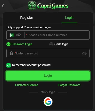 CapriGames login Image