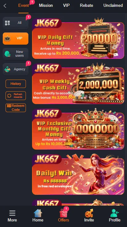 JK667 Game Bonuses Screen Screenshot