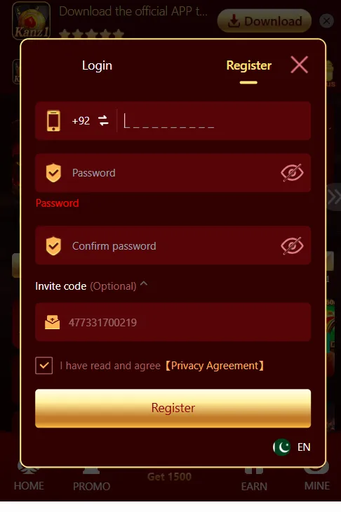 KanZ1 Game login Screenshot
