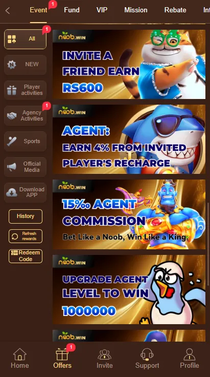 NoobWin Game rewards Section