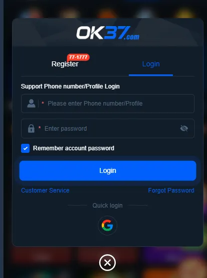 OK37 Game login Screenshot